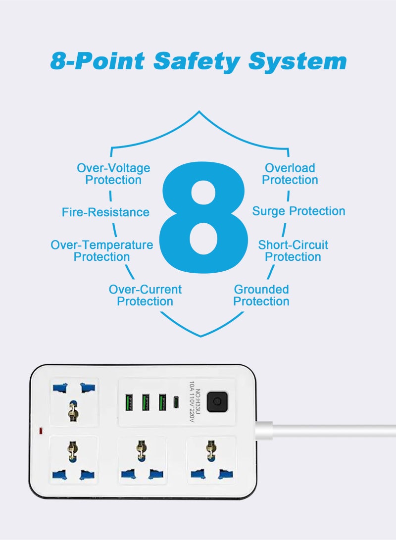 HomarKet 5 Meters Universal Extension Lead with Multiple Function UK Plug 3 Pin Socket Outlet with 4 Gang 3 USB Port 1 Type-C Port 5M 4 Way Electric Socket Extension Cord Power Strip for Home Kitchen and Office(White） - Image 3
